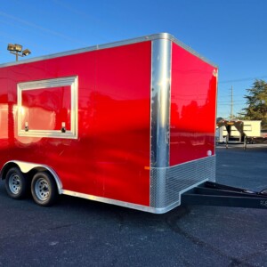 8.5x16 Red Polycore Tandem Axle Concession Trailer with 7'6" interior height, 6ft hood vent, triple sink, and 3x5 concession window - Stock RS-46812-R