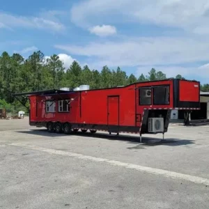 8.5x48 Red Gooseneck Premium Concession Trailer with walk-in cooler, dual hoods and full commercial kitchen equipment