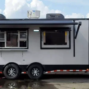 Fully loaded 8.5x18 concession trailer with commercial kitchen equipment and generator for sale.