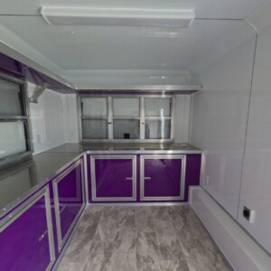 8.5x12 Purple Concession Vending Trailer with sink, purple cabinets, and concession windows for sale.