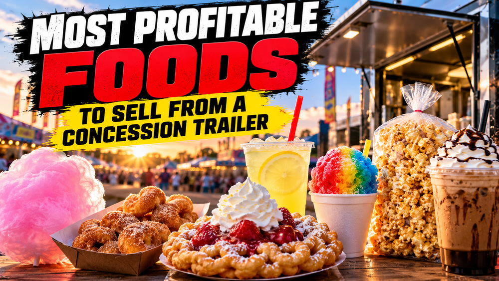 Popular profitable concession trailer foods including funnel cakes, lemonade, shaved ice, popcorn, cotton candy, and coffee at a festival.