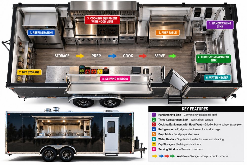 Food trailer layout showing handwashing sink, three-compartment sink, hood vent, cooking equipment, refrigeration, prep area and serving window