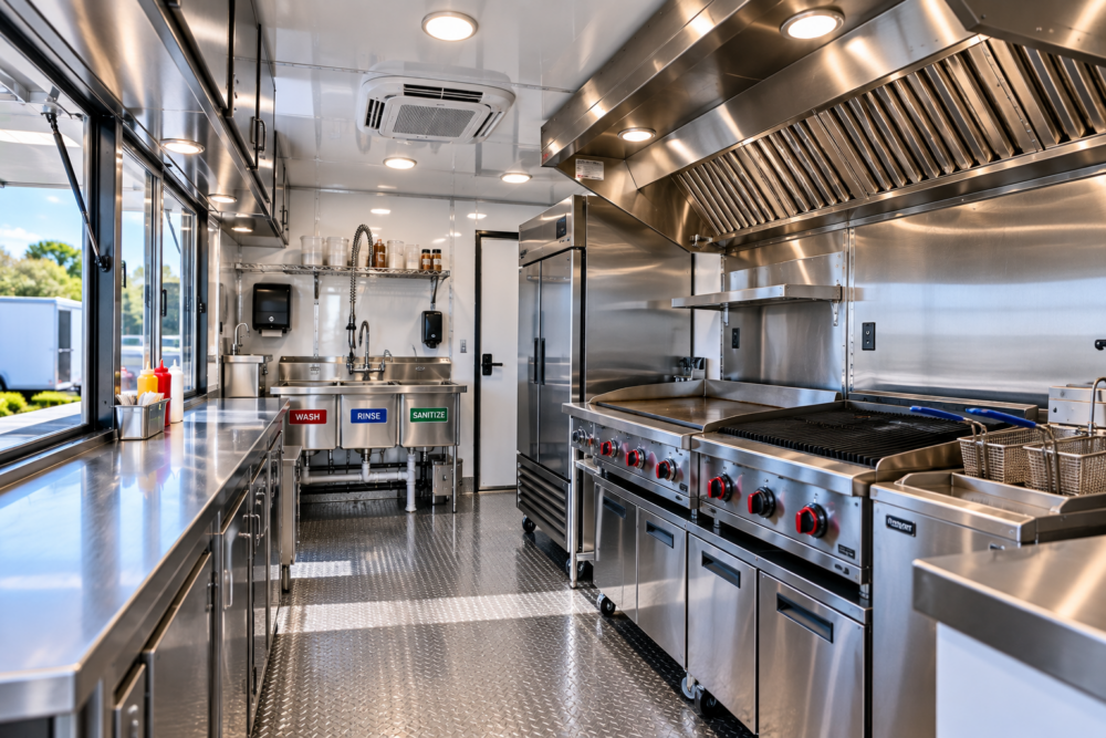 Commercial food trailer interior with stainless steel cooking equipment, three-compartment sink and exhaust hood ventilation system