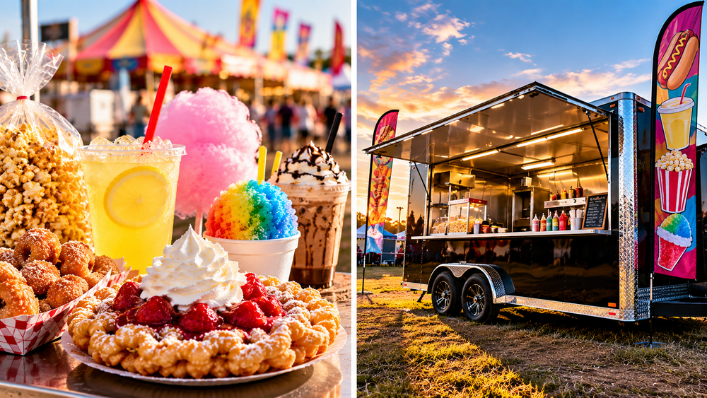Black mobile concession trailer with an open serving window and food preparation equipment at an outdoor festival.
