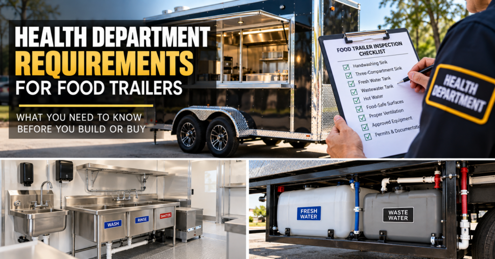 Health department requirements for food trailers including sinks, fresh water tanks, wastewater tanks and food trailer inspections